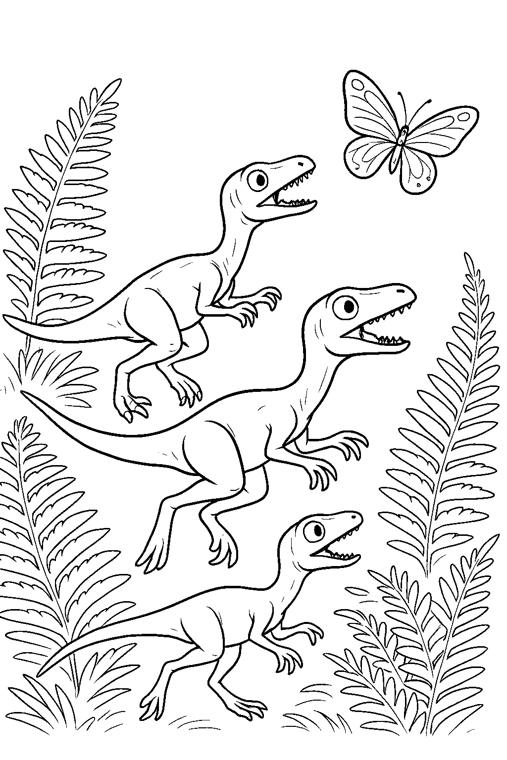 Mały dinozaur w pogoni — darmowa kolorowanka do druku