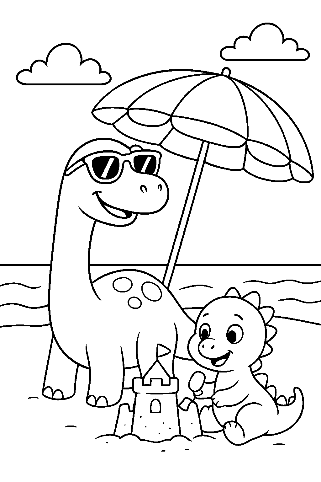 Dinozaury na plaży — darmowa kolorowanka do druku