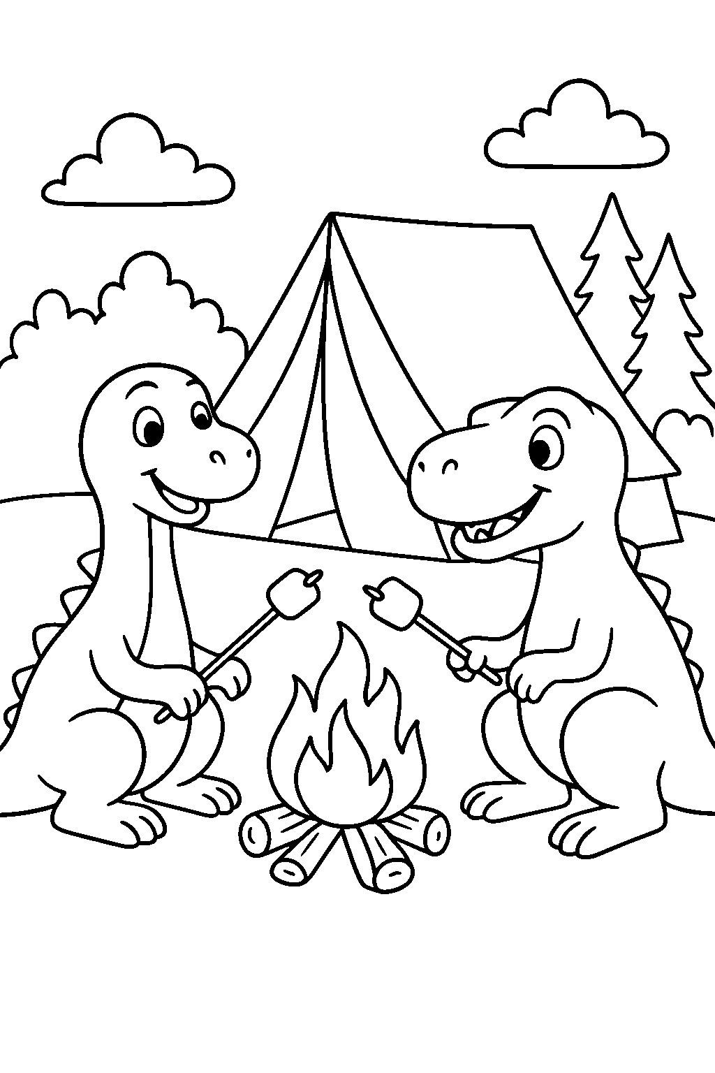 Dinozaury na kempingu — darmowa kolorowanka do druku