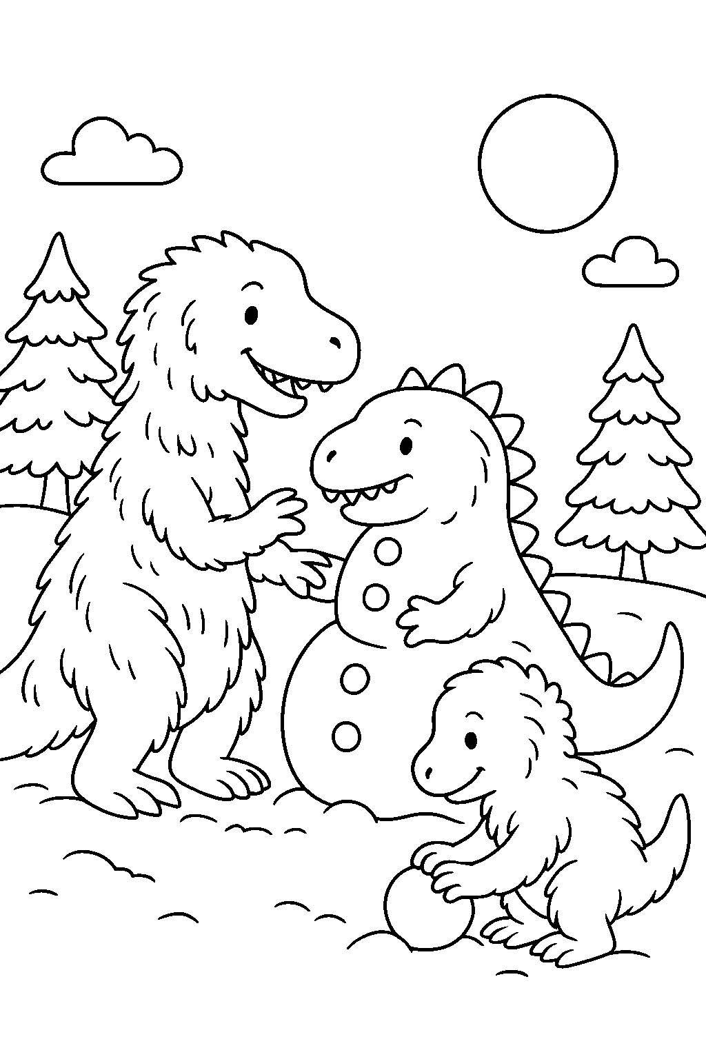 Dinozaury w śniegu — darmowa kolorowanka do druku
