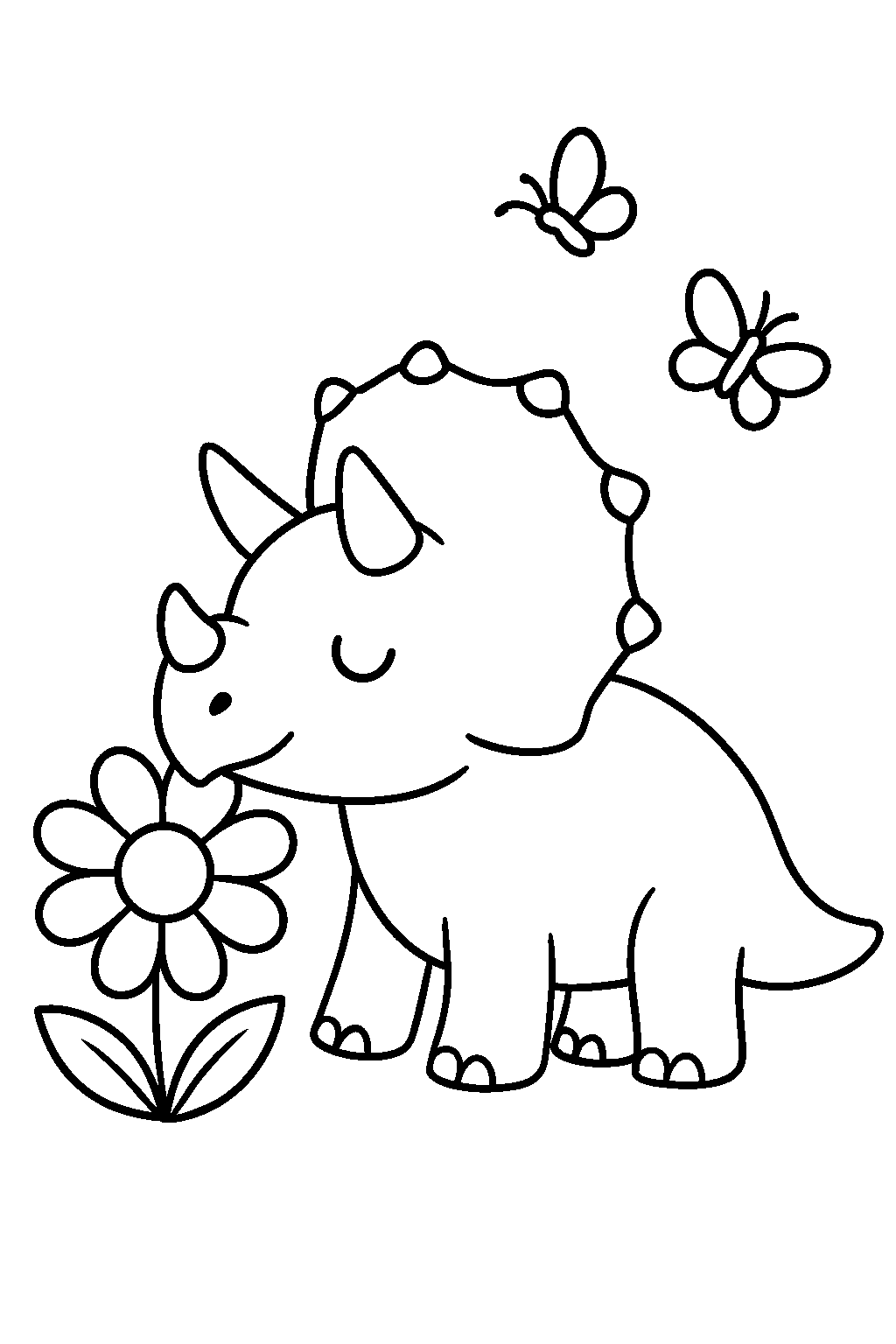Triceratops wącha kwiaty — darmowa kolorowanka do druku